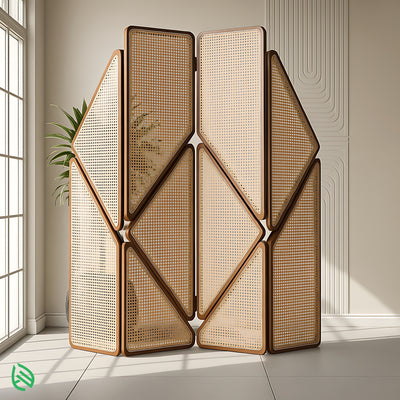 Geometric rattan partition in sunlight; diamond and triangle cane panels, wooden frame.