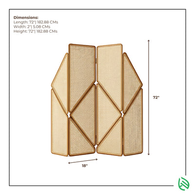 Dimensions graphic - 4 panels, each ~18 in wide; overall height 72 in; foldable screen.