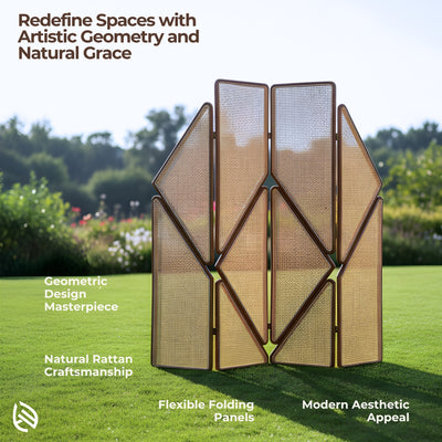 Feature graphic - Zen Nest rattan partition with geometric design and flexible folding panels.