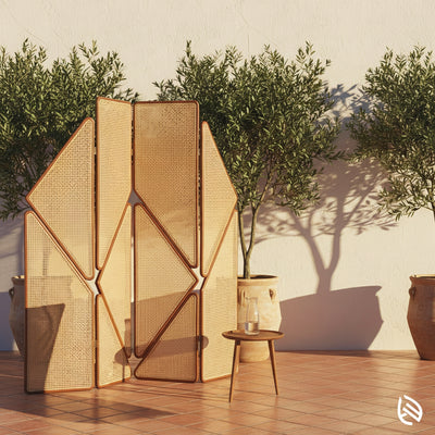 Zen Nest rattan folding screen outdoors; handwoven cane, warm wood frame, semi-privacy.