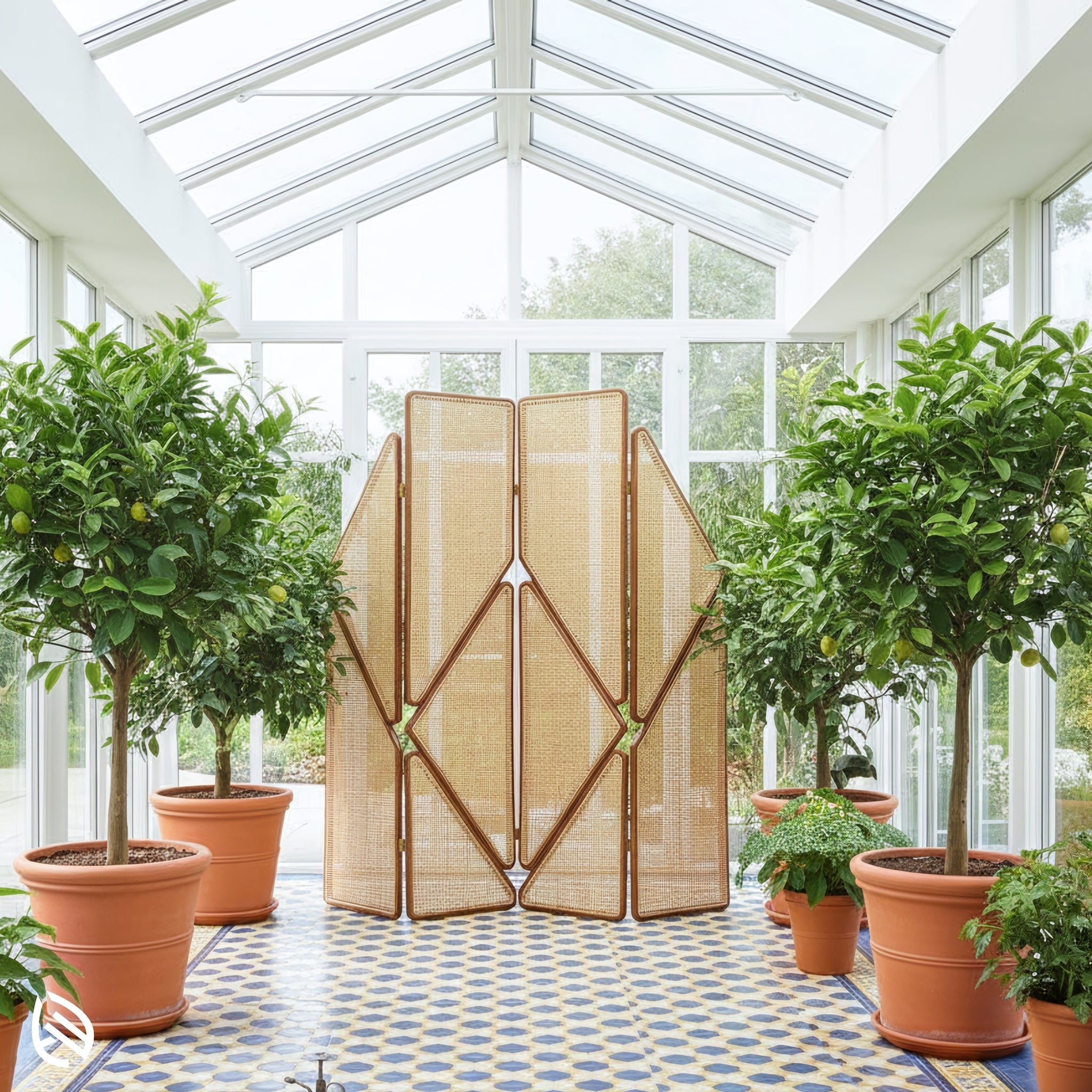 72-inch rattan room divider in greenhouse corridor; four foldable panels.