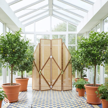 72-inch rattan room divider in greenhouse corridor; four foldable panels.