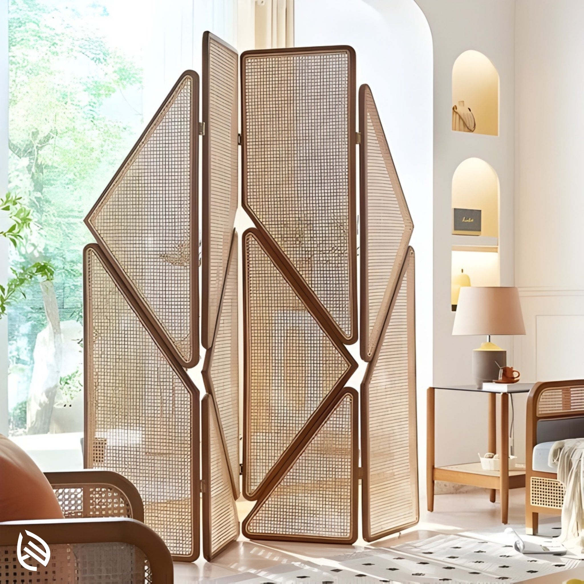 Zen Nest geometric cane room divider styling a bright living room, Japandi vibe.