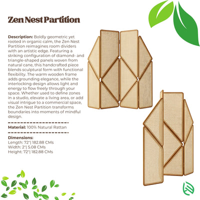 Product card - Zen Nest Partition with natural rattan material and dimensions listed.